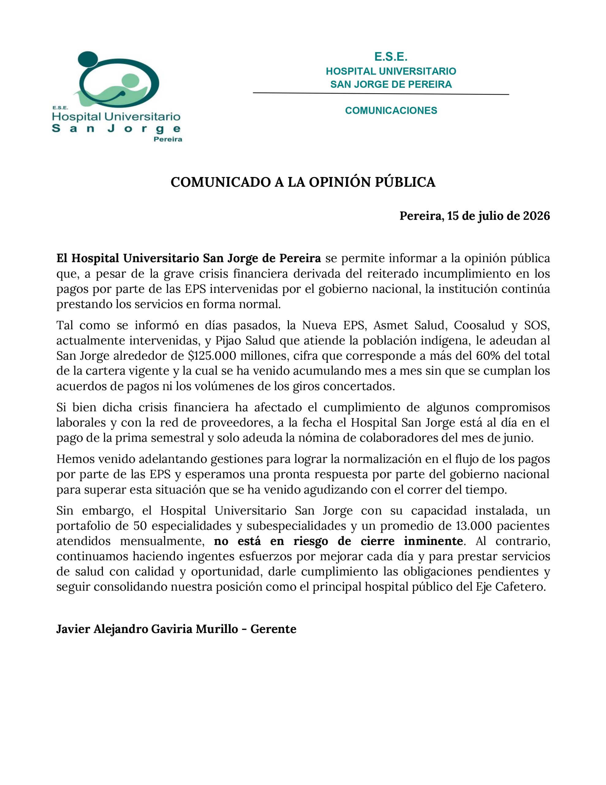 Campaña institucional del Banco de Sangre del Hospital Universitario San Jorge